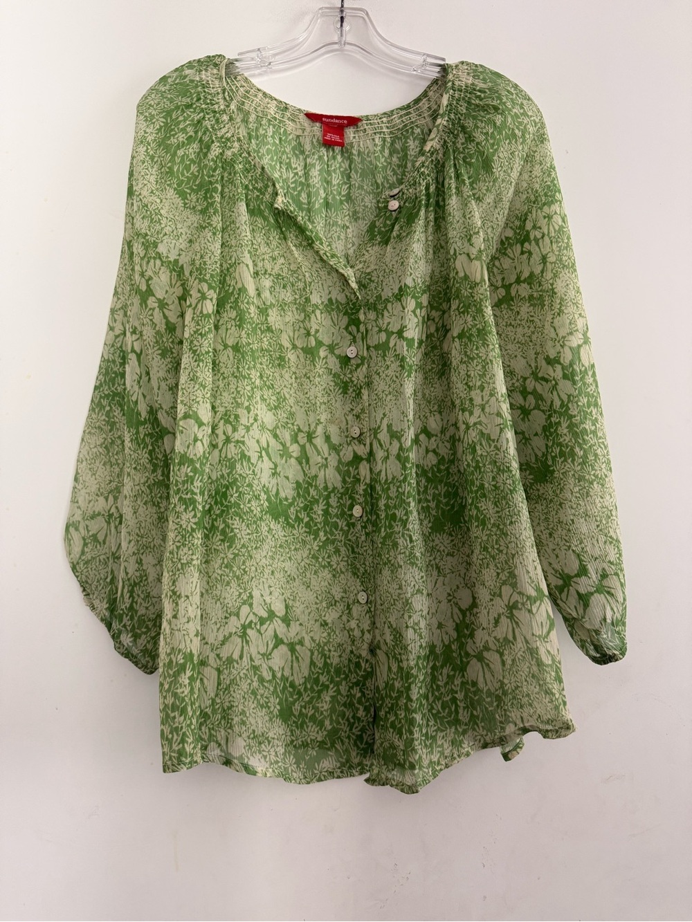 Sundance Sheer Lightweight Green 100% Silk Crinkled Peasant Blouse Size M - Picture 2 of 4